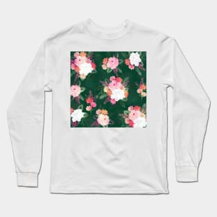 Pink Watercolor Flowers Green Design Long Sleeve T-Shirt